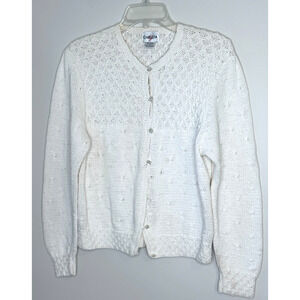 Vtg Christa J White Chunky Knit Cottage Core Cotton Cardigan Size L